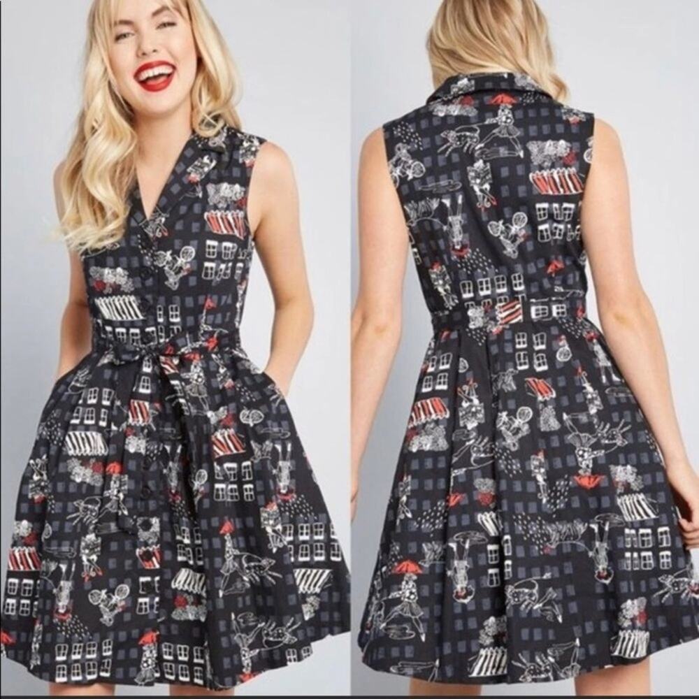Modcloth Community Brunch Black Sleeveless Dog Print Shirtdress size small